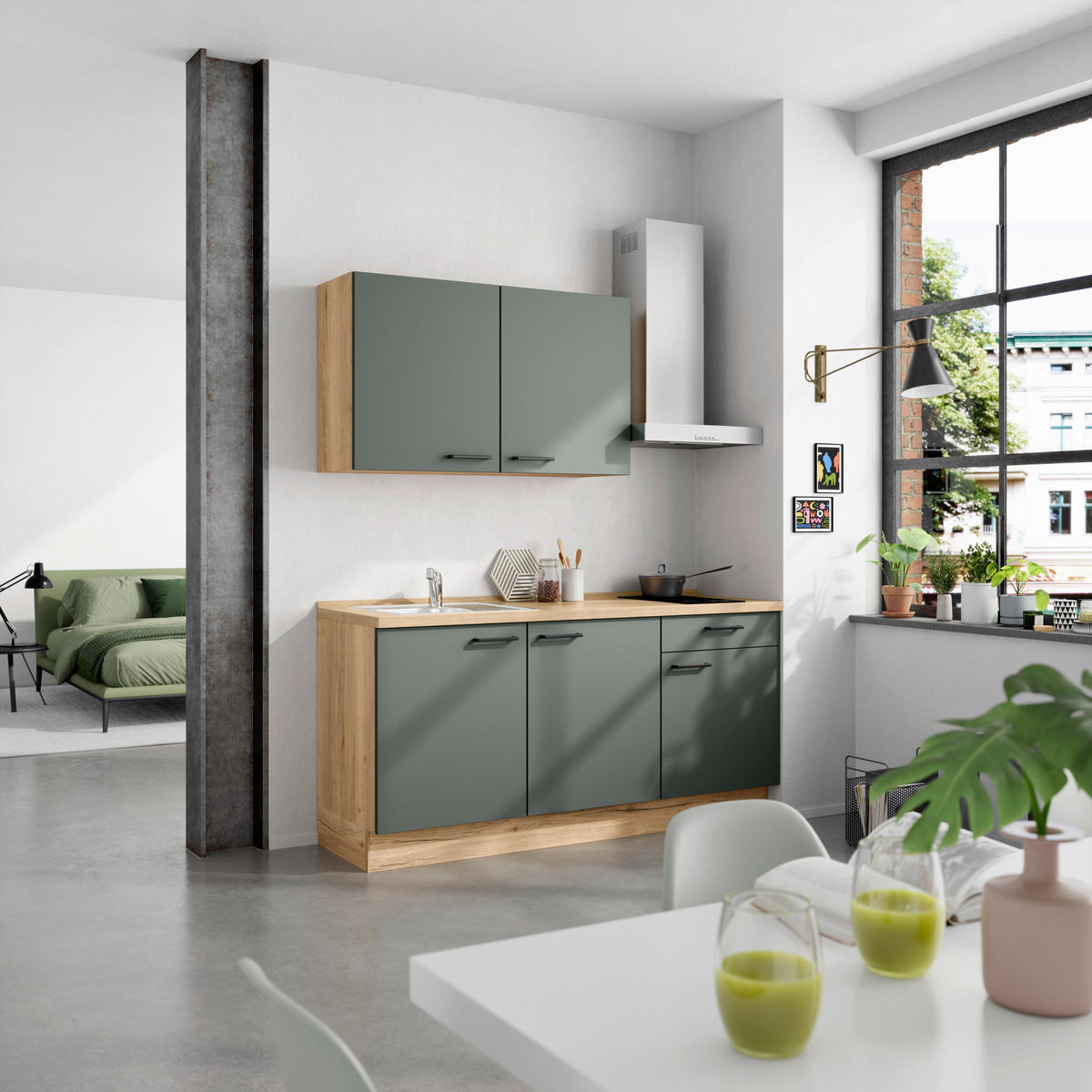 KÜCHENBLOCK Easytouch 180 cm  in Eichefarben, Dunkelgrün  - Dunkelgrün/Eichefarben, MODERN, Holzwerkstoff/Metall (180cm) - Nobilia