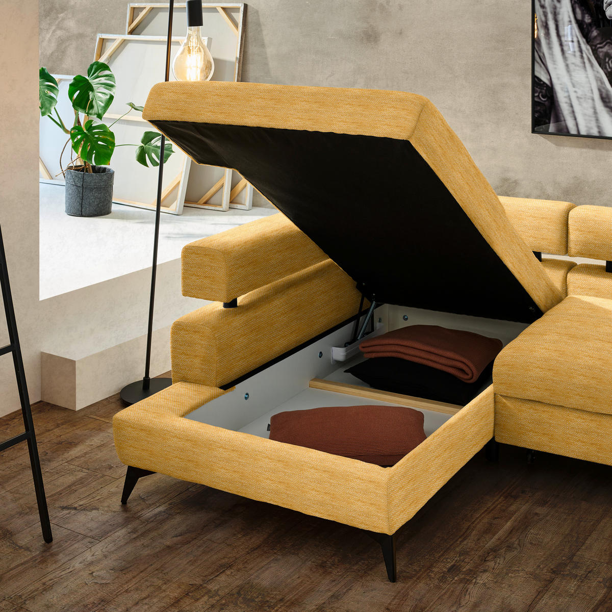 ECKSOFA in Chenille Currygelb  - Currygelb/Schwarz, Konventionell, Textil/Metall (184/75-89/265cm) - Hom`in
