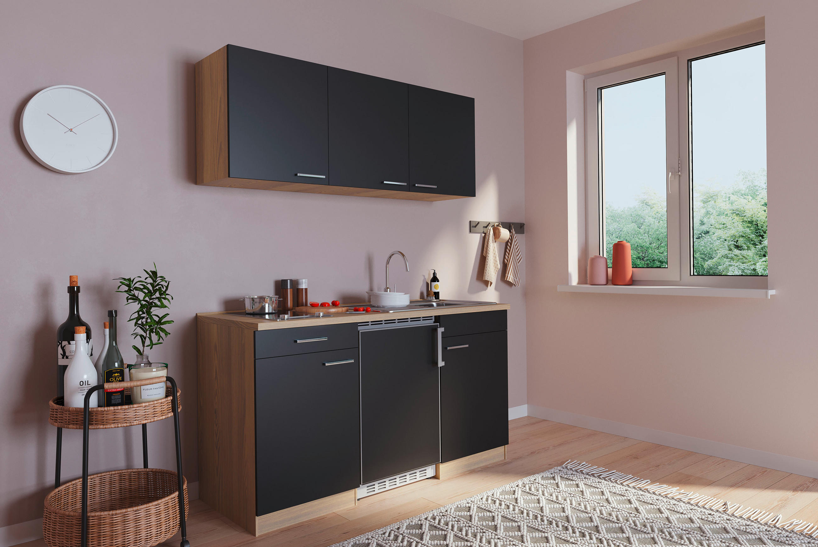 MINIKÜCHE 150 cm   in Schwarz, Eichefarben  - Eichefarben/Schwarz, Basics, Holzwerkstoff (150cm) - Respekta