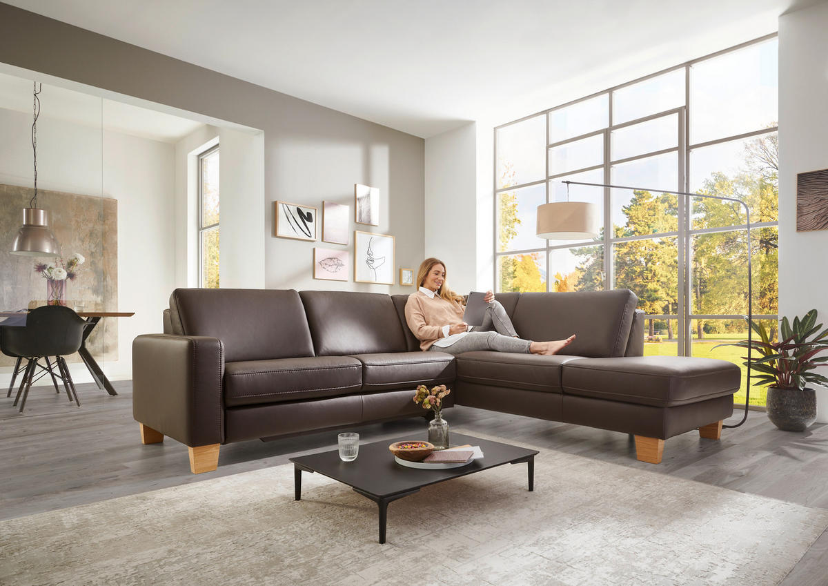 ECKSOFA Echtleder Dunkelbraun  - Eiche Bianco/Dunkelbraun, Natur, Leder/Holz (257/235cm) - Valdera