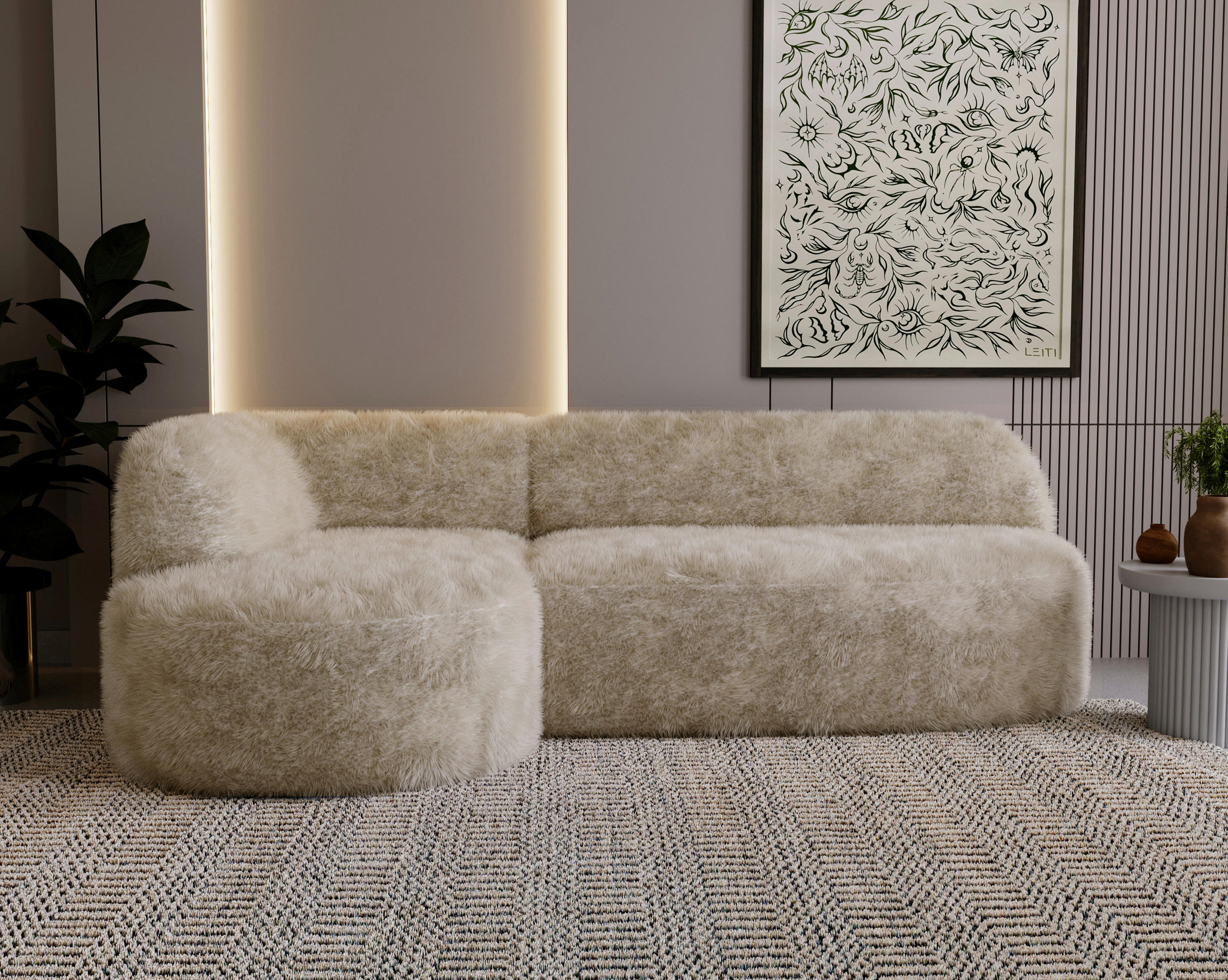 ECKSOFA Teddystoff Creme  - Creme/Schwarz, Design, Kunststoff/Textil (156/218cm) - Livetastic
