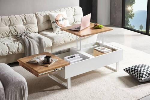 COUCHTISCH in Metall, Holzwerkstoff 120/60/40-65 cm  - Weiss/Eichefarben, Design, Holzwerkstoff/Metall (120/60/40-65cm) - Livetastic