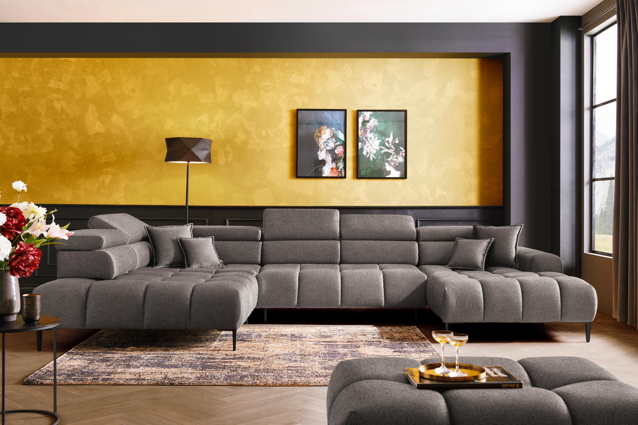 WOHNLANDSCHAFT Greige Webstoff  - Greige/Schwarz, Design, Textil/Metall (216/385/177cm) - Welnova