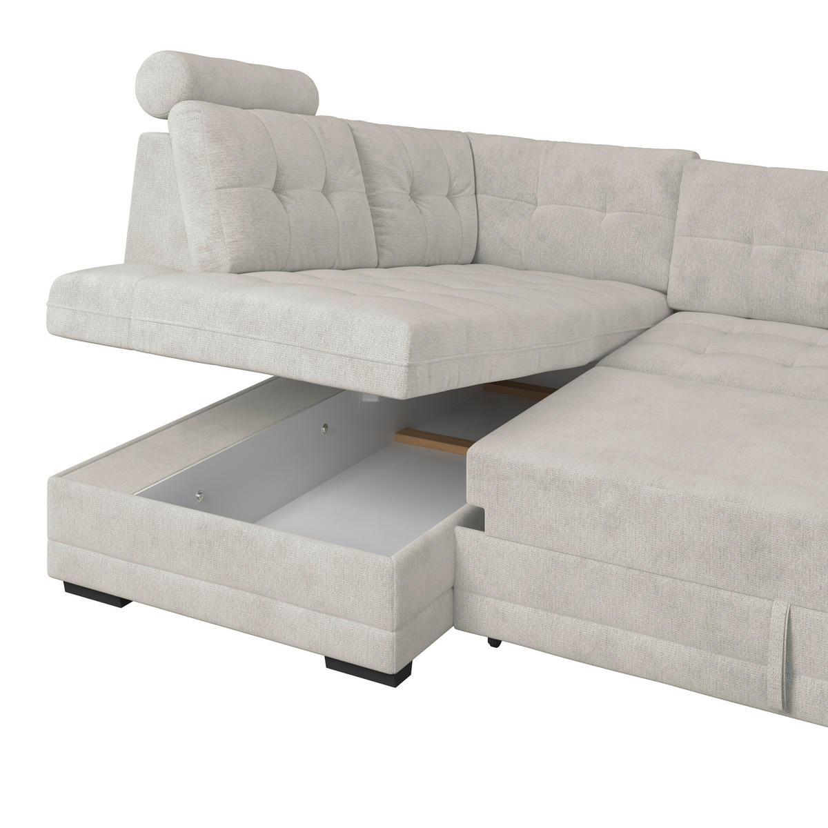 ECKSOFA FALCO NEW Beige Mikrofaser, Struktur Bettkasten, Kopfstütze  - Beige/Schwarz, KONVENTIONELL, Kunststoff/Textil (183/251cm) - MID.YOU