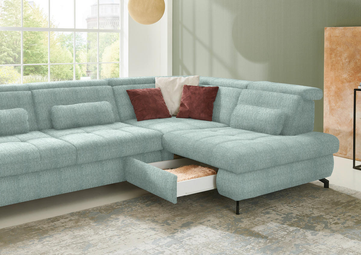 ECKSOFA in Chenille Mintgrün  - Schwarz/Mintgrün, Design, Textil/Metall (310/220cm) - Beldomo Style