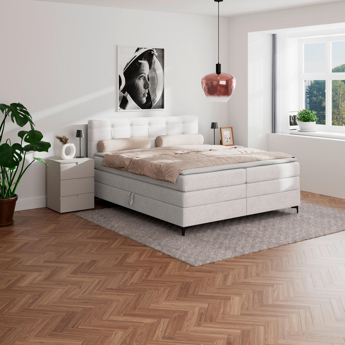 BOXSPRINGBETT 180/200 cm,  in Champagner, H3 = fest  - Champagner/Schwarz, KONVENTIONELL, Kunststoff/Textil (180/200cm)