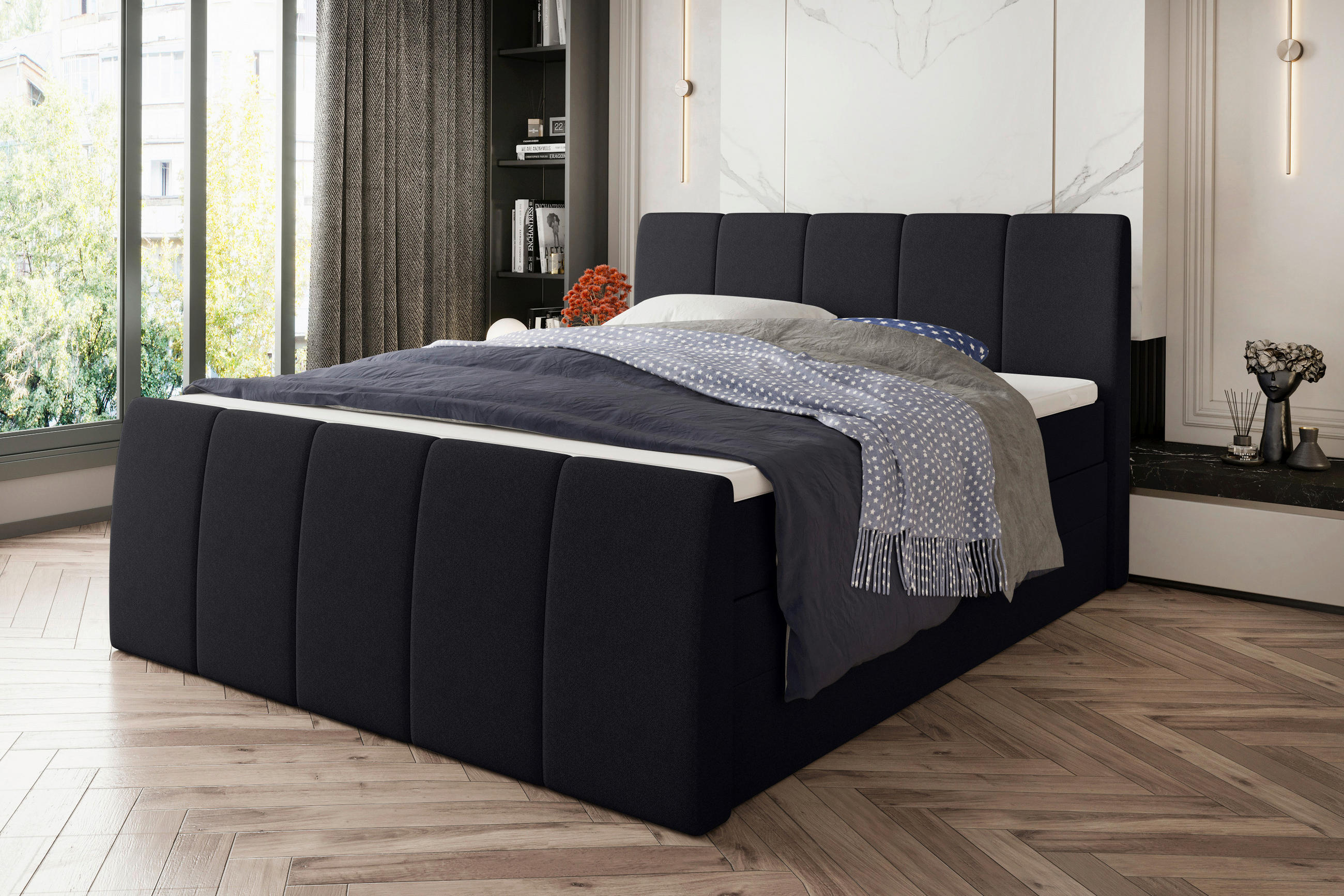 Thumbnail - Boxxx Boxspringbett, Schwarz, Textil, H3, Höhe ca. 16 cm, 180x200 cm, Bettkasten, gepolstertes Kopfteil, Stoffauswahl, T...