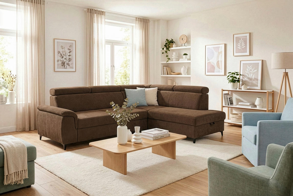 ECKSOFA Braun Chenille Bettkasten, Schlaffunktion, Rücken echt, Kopfteilverstellung, Liegefläche im Originalstoff  - Schwarz/Braun, KONVENTIONELL, Textil/Metall (265/206cm) - Carryhome
