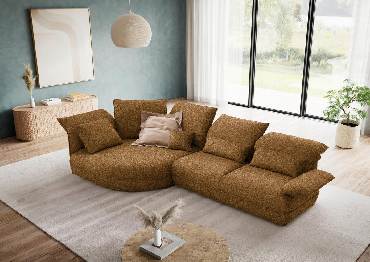 ECKSOFA  in Chenille Cognac Rücken echt, Armteilverstellung, Kopfteilverstellung  154/343 cm  - Cognac/Schwarz, Design, Kunststoff/Textil (154/343cm) - Koinor