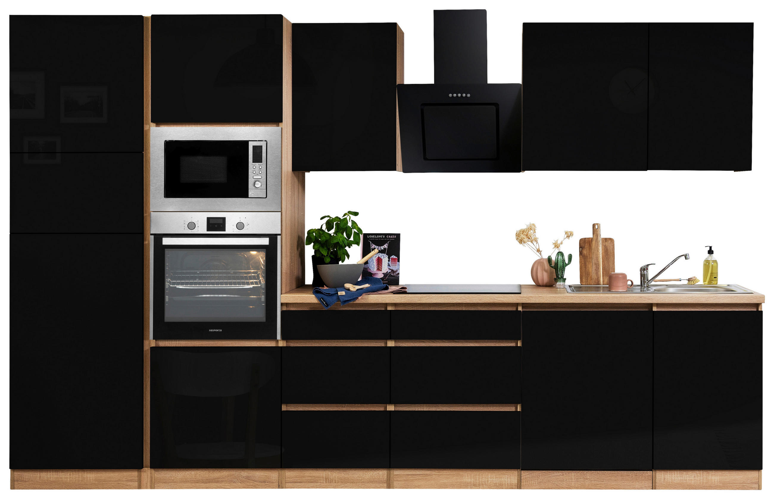 Thumbnail - Respekta Küchenblock Lorena, Schwarz Hochglanz, Holzwerkstoff, 1,6 Schubladen, seitenverkehrt montierbar, nur wie online...