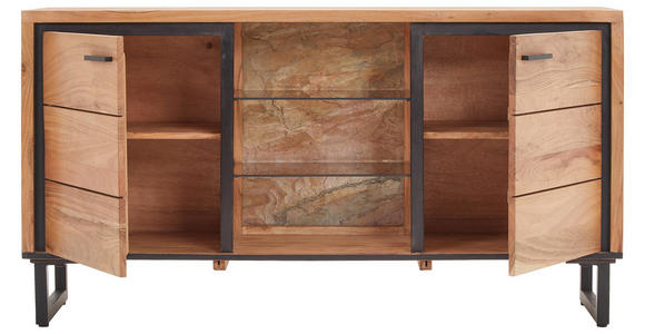 SIDEBOARD Akazie Hartholz Schwarz, Akaziefarben Beleuchtung, Einlegeböden  - Schwarz/Akaziefarben, Design, Glas/Holz (145/77/40cm) - Carryhome