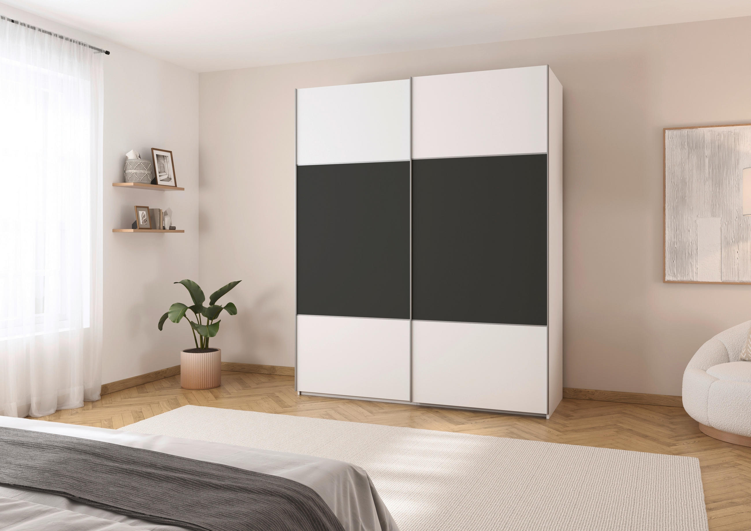 SCHWEBETÜRENSCHRANK 181/223/68 cm 2-türig Weiß, Graphitfarben  - Alufarben/Graphitfarben, KONVENTIONELL, Holzwerkstoff/Metall (181/223/68cm) - Novel