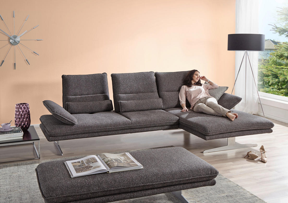 ECKSOFA Webstoff Anthrazit  - Chromfarben/Anthrazit, Design, Textil/Metall (291/164cm) - Chilliano