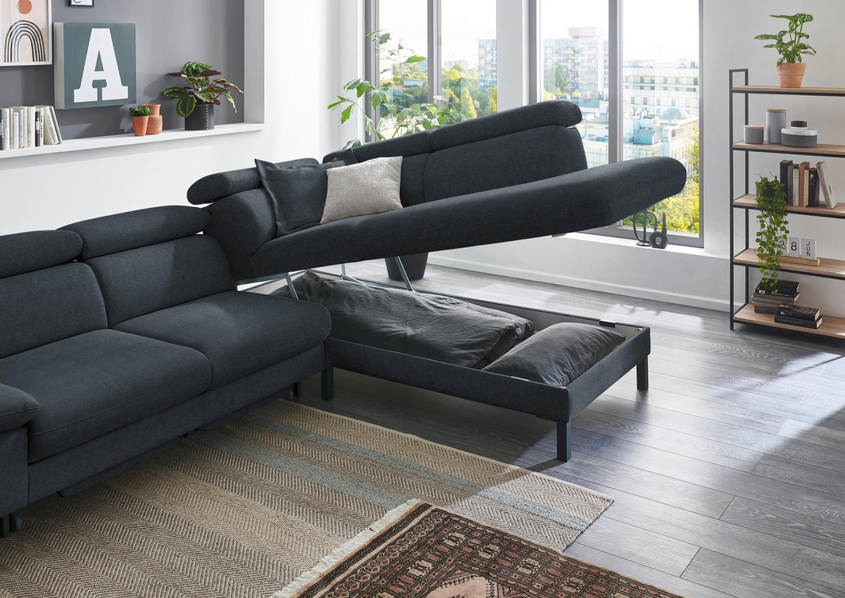 ECKSOFA in Flachgewebe Anthrazit  - Anthrazit/Schwarz, Design, Holzwerkstoff/Textil (272/217cm) - Pure Home Comfort