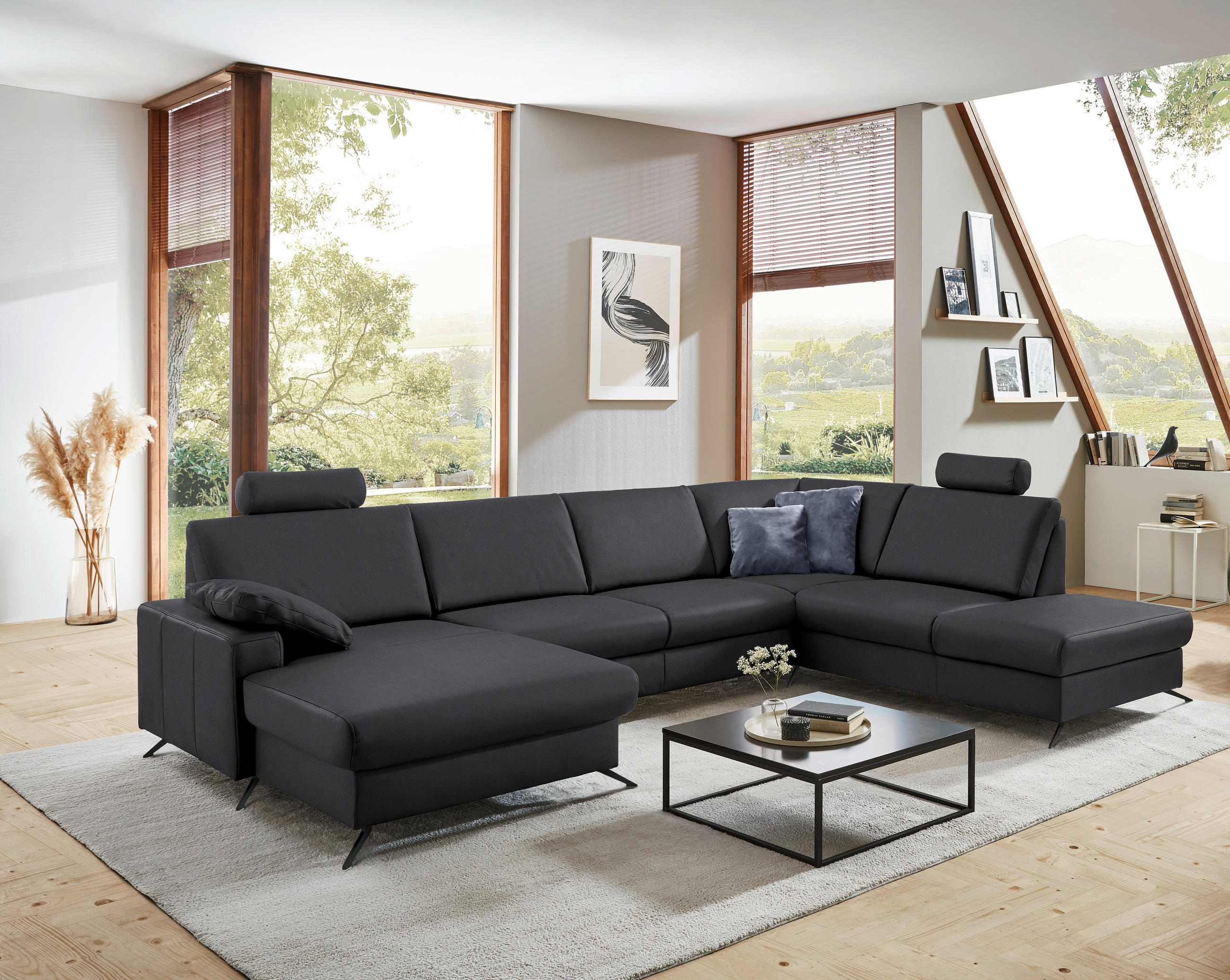 WOHNLANDSCHAFT in Echtleder Anthrazit  - Anthrazit/Schwarz, Design, Leder/Metall (165/339/233cm) - Beldomo Premium