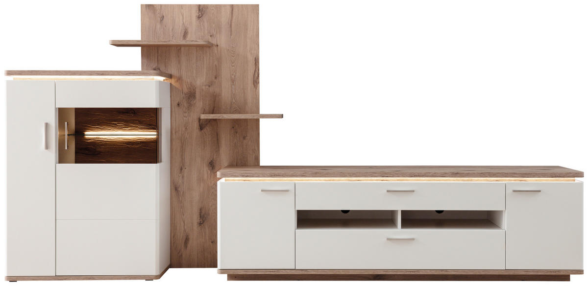WOHNWAND 3-teilig  in Weiss, Eichefarben 305/168/50 cm  - Weiss/Eichefarben, Design, Glas/Holzwerkstoff (305/168/50cm) - Livetastic