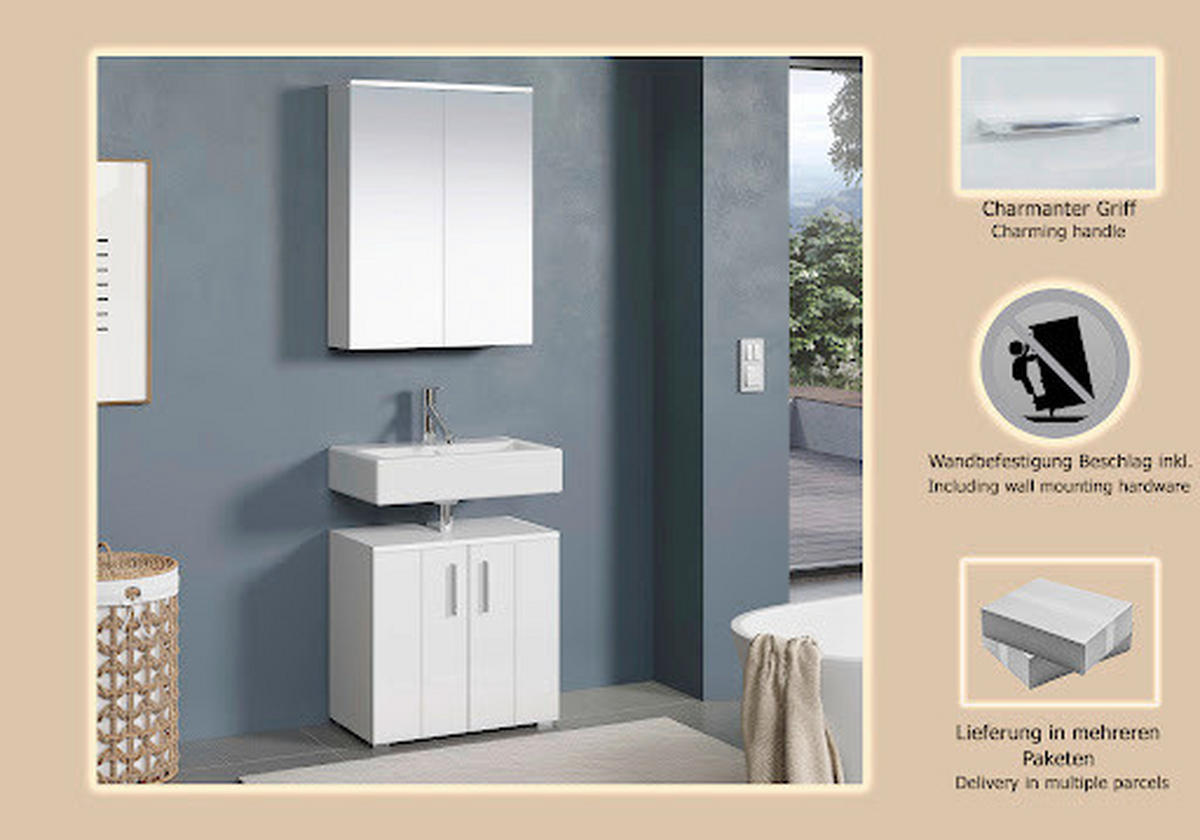 BADEZIMMER 2-teilig  in  - Weiß Hochglanz/Silberfarben, Trend, Holzwerkstoff/Kunststoff (60/192/32cm) - MID.YOU