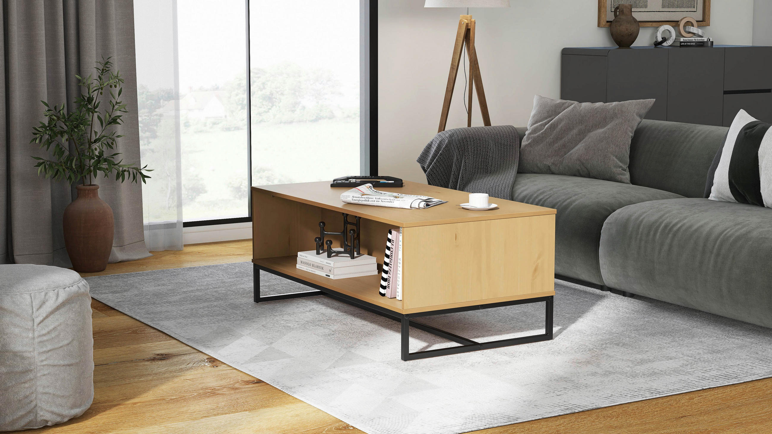 COUCHTISCH Kiefer massiv 110/60/45 cm rechteckig Eichefarben - Eichefarben/Schwarz, Design, Holz/Metall (110/60/45cm) - Livetastic
