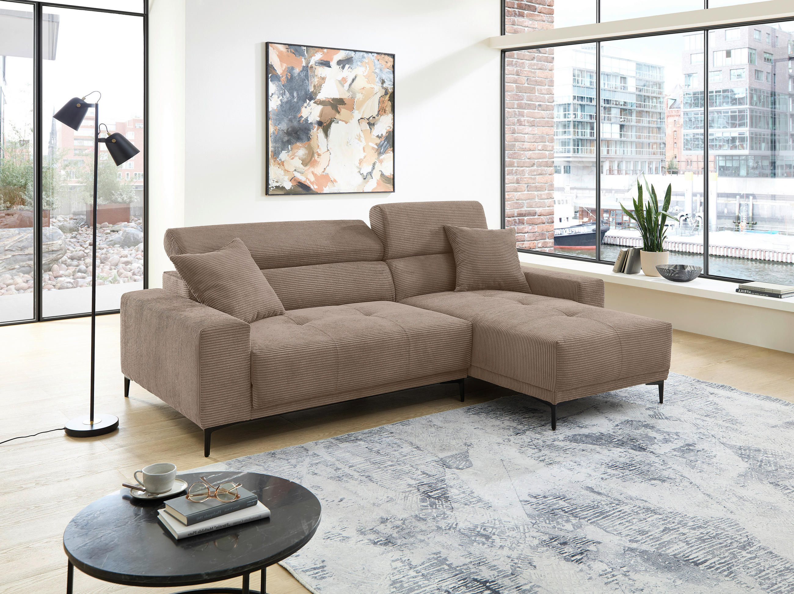 ECKSOFA Cord Graubraun  - Graubraun/Schwarz, Basics, Textil/Metall (250/183cm) - Livetastic