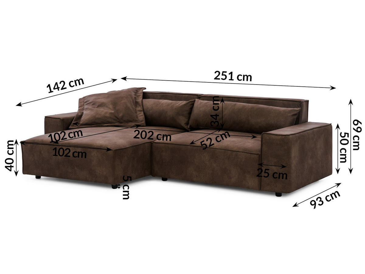 ECKSOFA Curduroy in Lederlook Braun Rückenkissen  251/142 cm  - Schwarz/Braun, Design, Kunststoff/Textil (251/142cm) - P & B