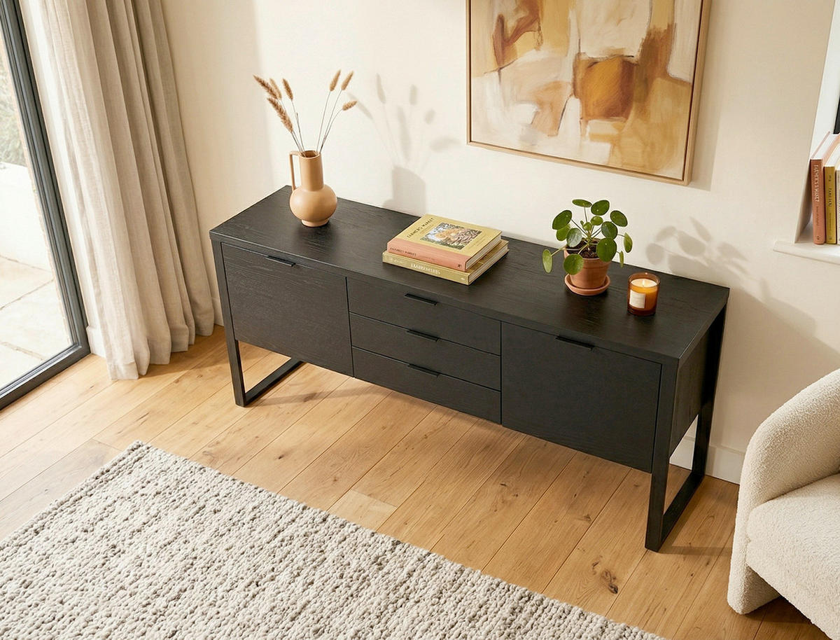 SIDEBOARD  180/76,2/39,5 cm 3 Schublade(n)  - Schwarz, KONVENTIONELL, Holzwerkstoff/Metall (180/76,2/39,5cm) - MID.YOU
