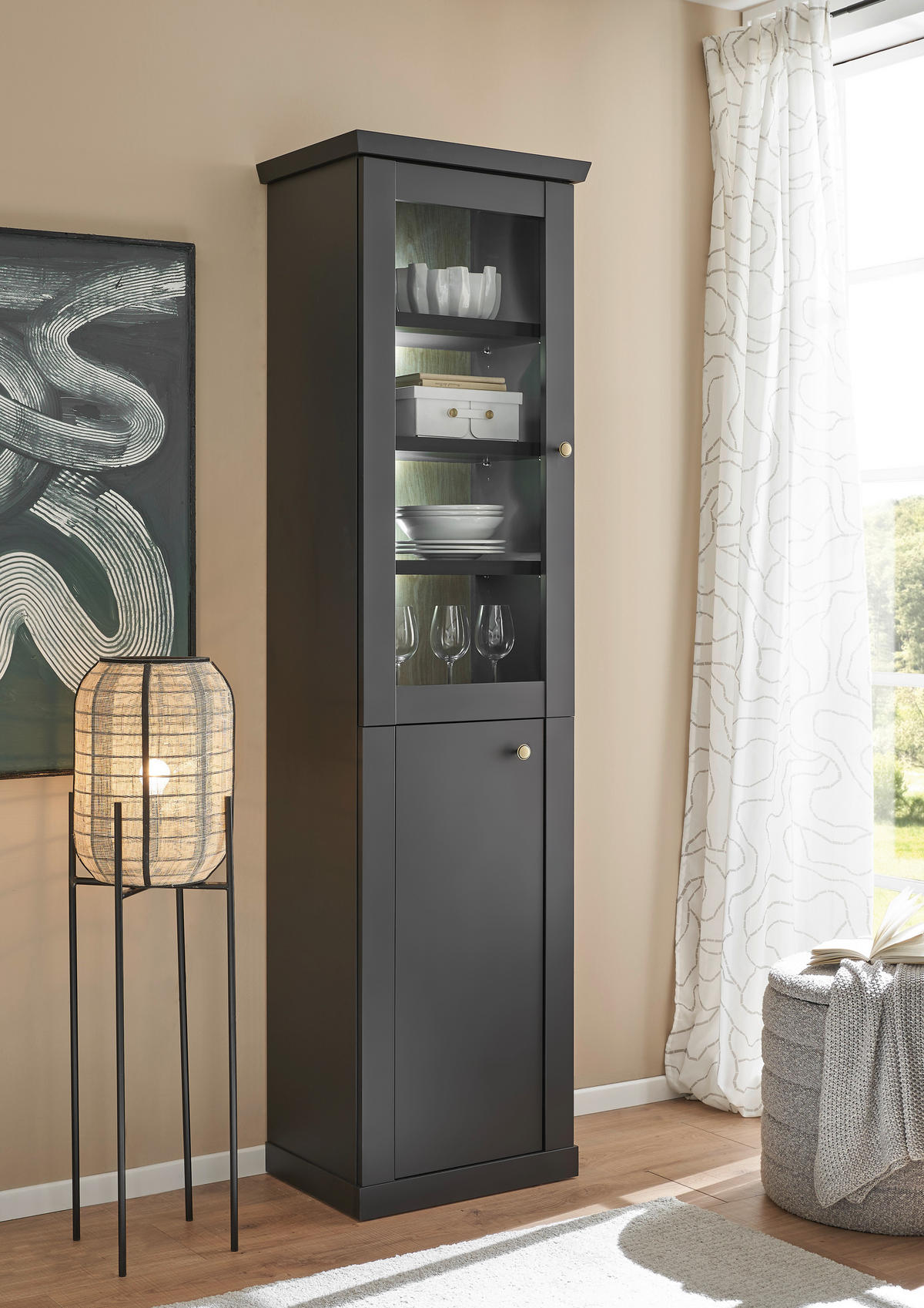 VITRINE  in Schwarz, Eichefarben  - Eichefarben/Messingfarben, Design, Holzwerkstoff/Metall (55/200/39cm) - MID.YOU