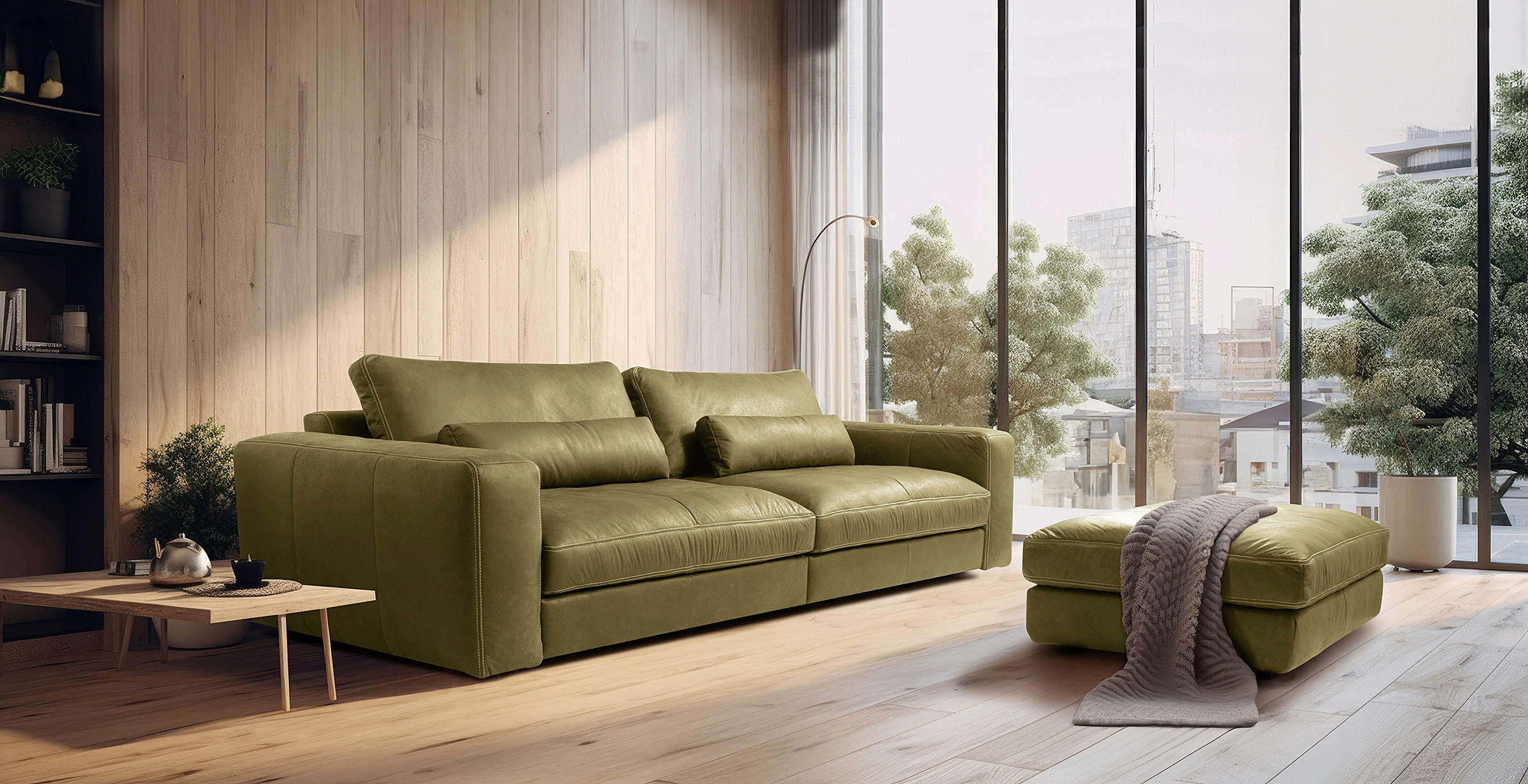 3-SITZER-SOFA Echtleder Olivgrün  - Beige/Schwarz, Design, Leder/Kunststoff (300/85/123cm) - Livetastic