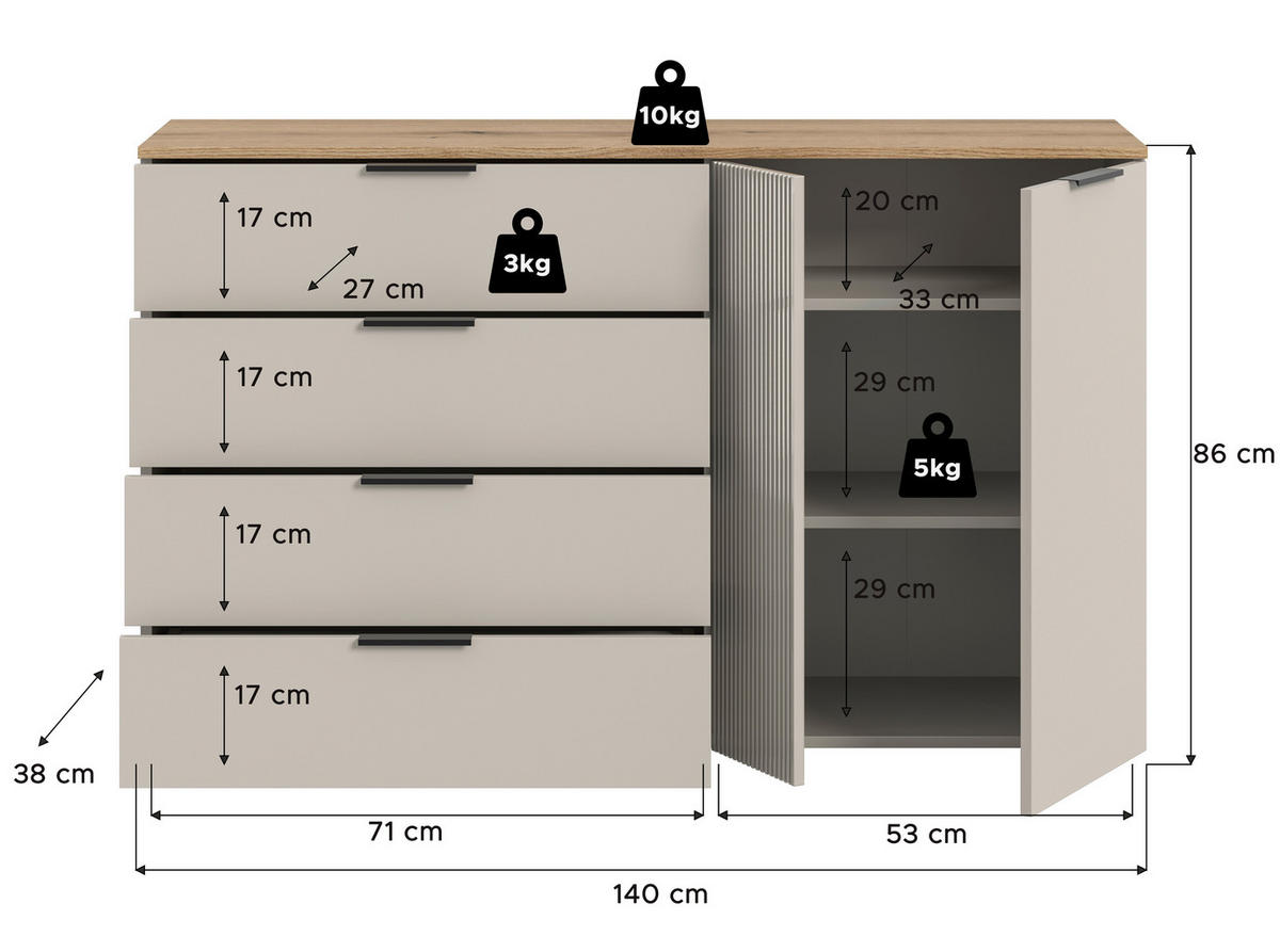 SIDEBOARD  140/86/38 cm 4 låda(or)  - svart/kashmir, Design, trämaterial/plast (140/86/38cm) - MID.YOU