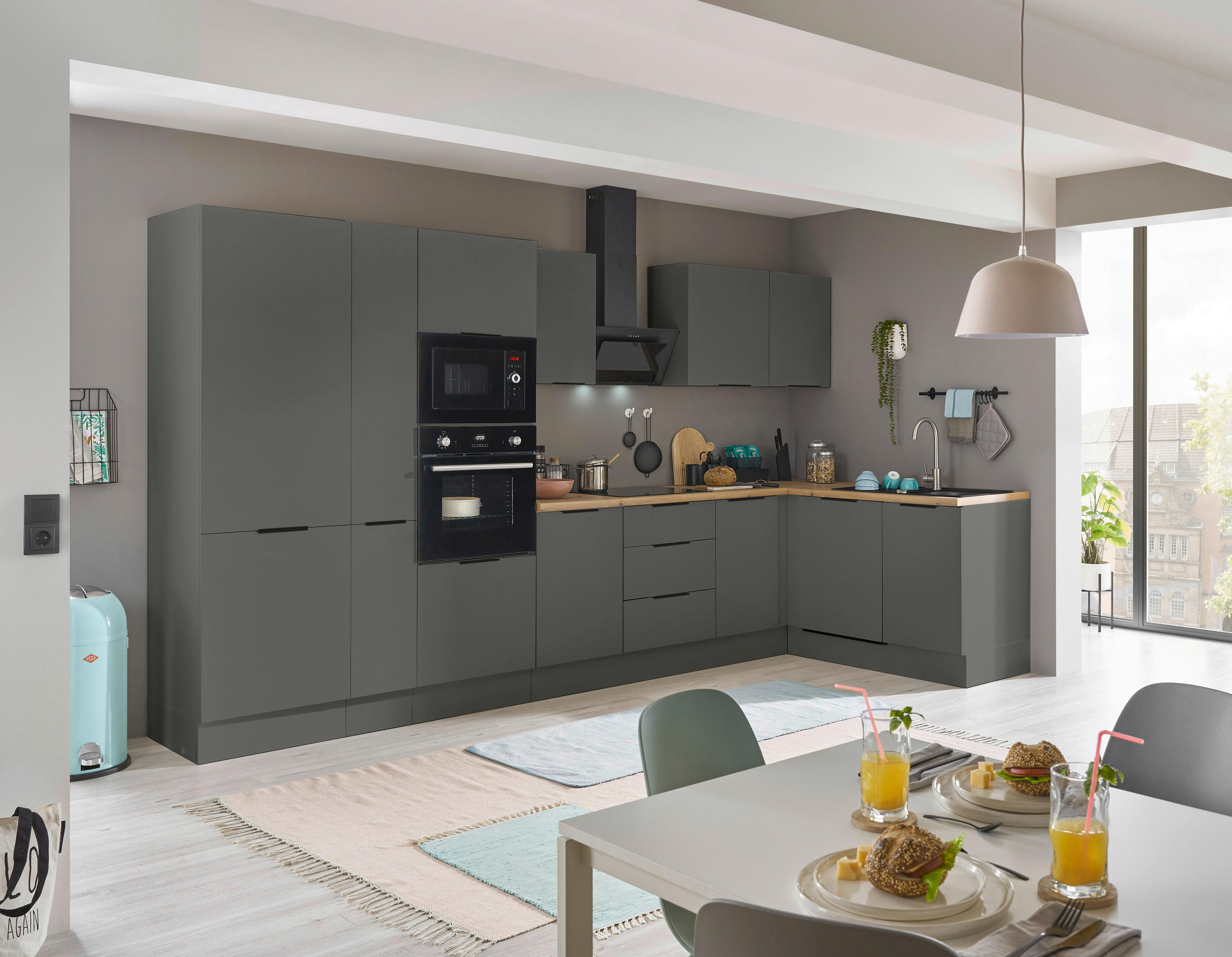 ECKKÜCHE 370/175 cm  in Graphitfarben  - Schwarz/Graphitfarben, Basics, Holzwerkstoff/Metall (370/175cm) - Carryhome