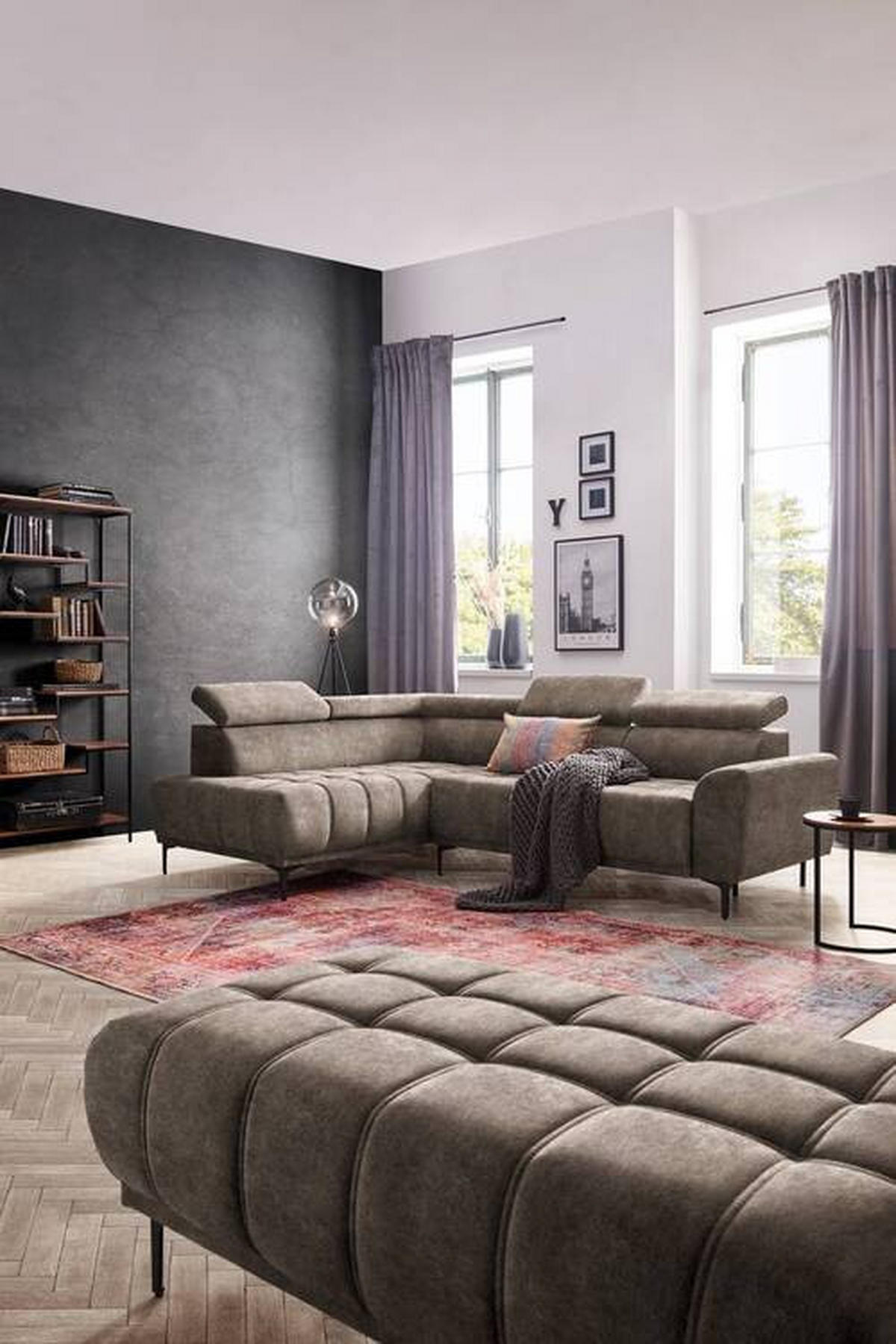 ECKSOFA in Velours Braun  - Schwarz/Braun, Design, Textil/Metall (191/261cm) - Stylife