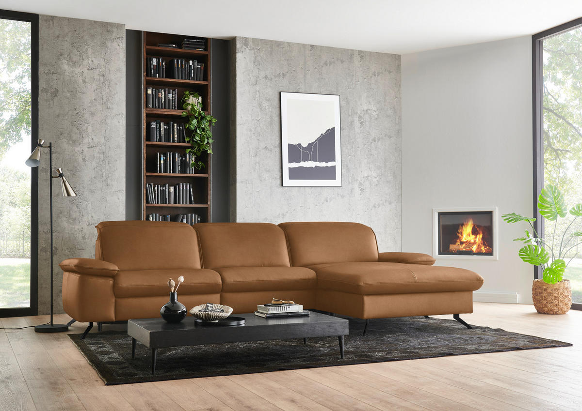 ECKSOFA  Echtleder Cognac  - Cognac/Schwarz, Design, Leder/Metall (307/169cm) - Beldomo Premium