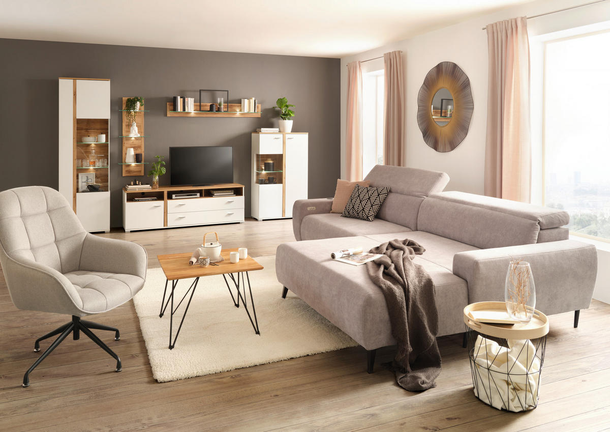 VITRINA bela, boja hrasta   - boja hroma/boja hrasta, Moderno, metal/pločasti materijal (60/201/37cm) - Hom`in