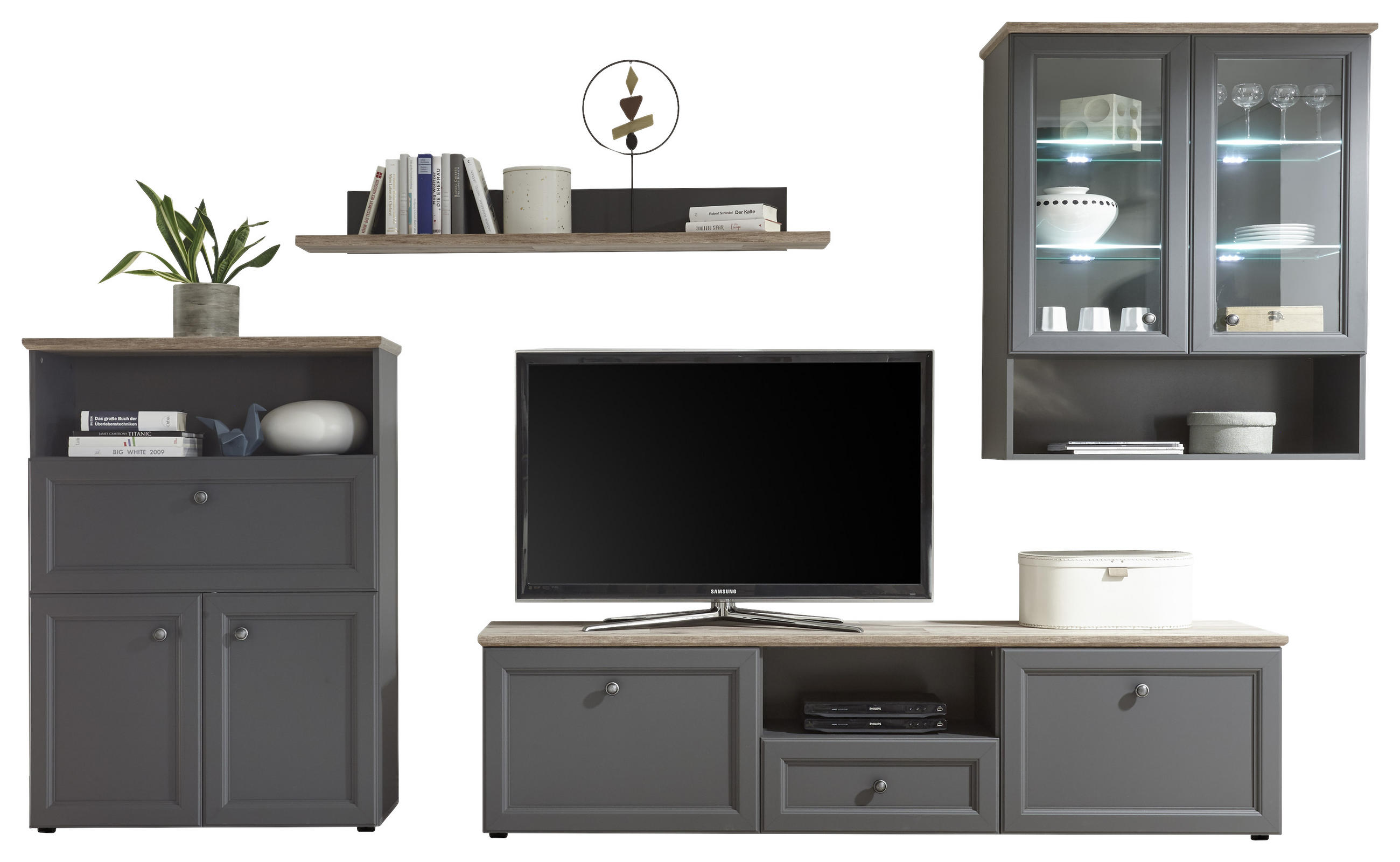 Wohnwand in Grau, Eichefarben