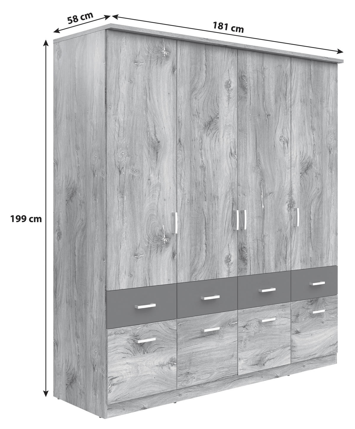 KLEIDERSCHRANK 181/199/58 cm,  in Graphitfarben, Eichefarben, 4-türig  - Eichefarben/Silberfarben, KONVENTIONELL, Holzwerkstoff/Kunststoff (181/199/58cm) - MID.YOU