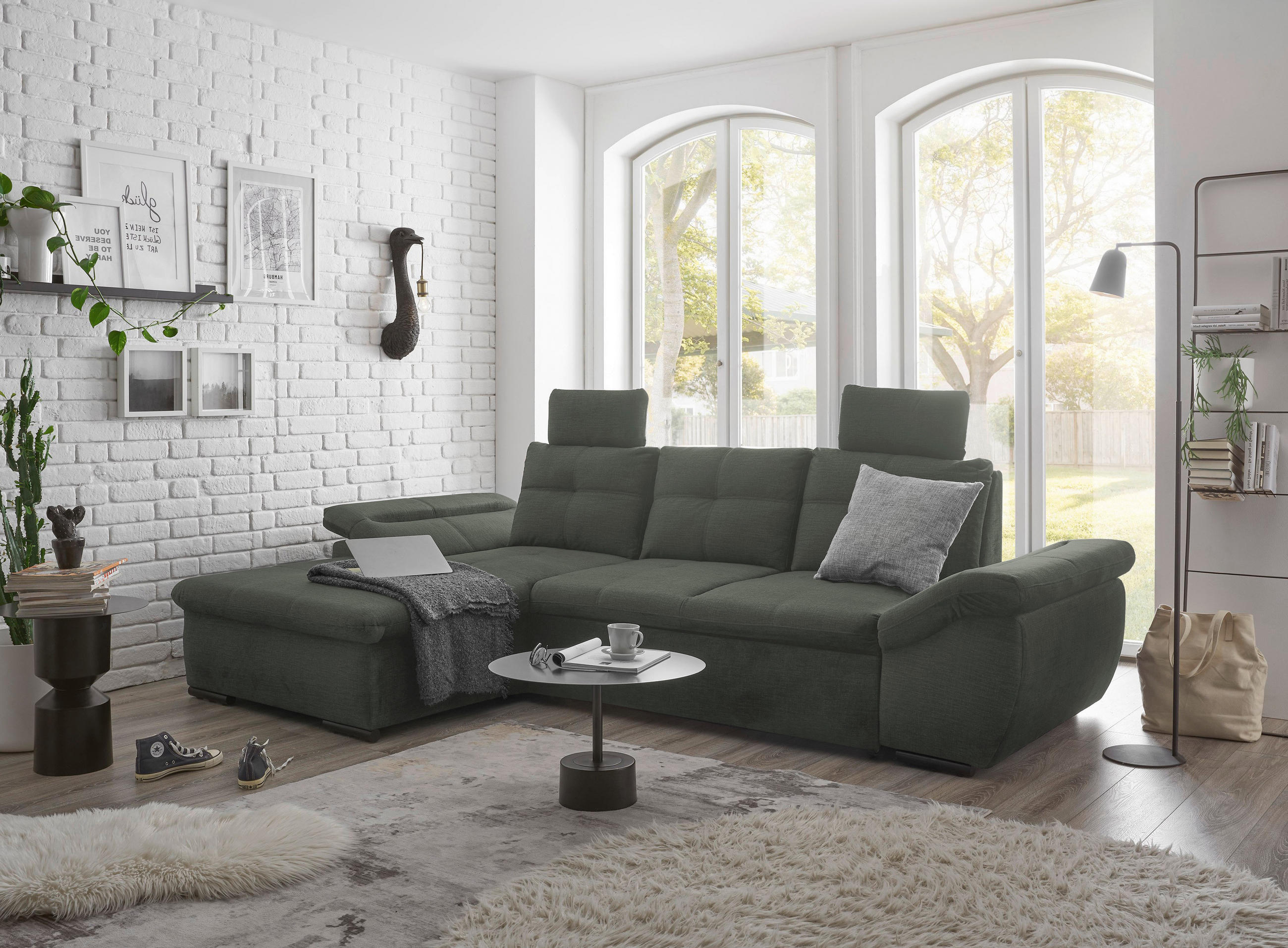 ECKSOFA in Mikrovelours Dunkelgrün  - Dunkelgrün/Schwarz, Konventionell, Kunststoff/Textil (170/275cm) - Carryhome