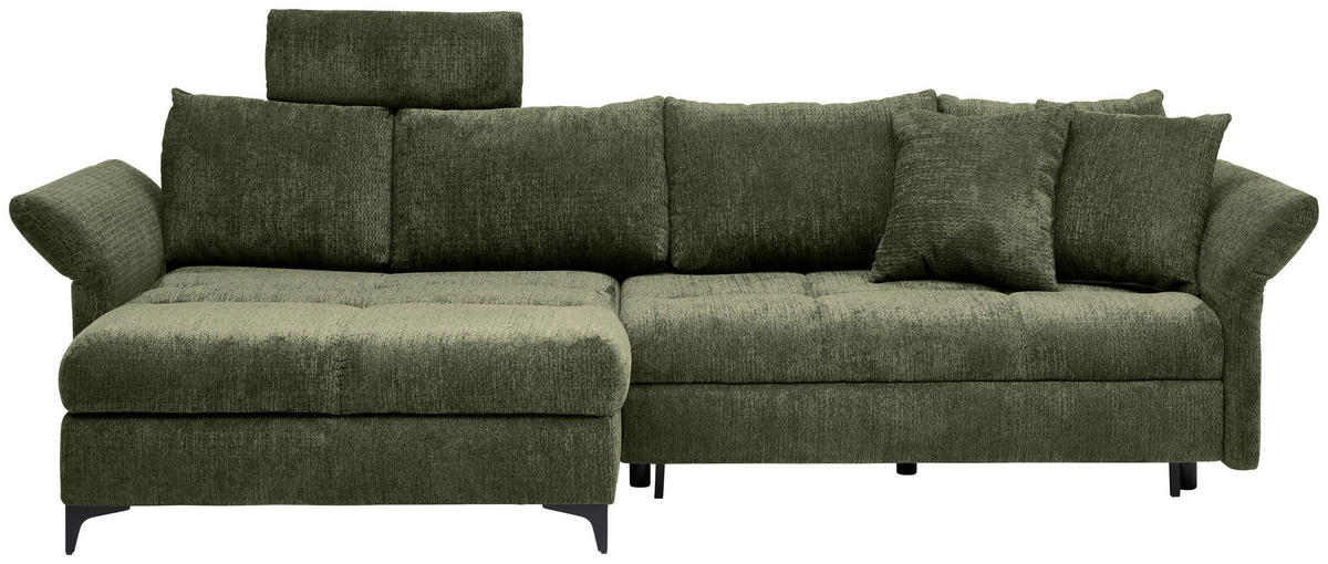 ECKSOFA in Chenille Olivgrün  - Schwarz/Olivgrün, Konventionell, Textil/Metall (291/153cm) - Hom`in