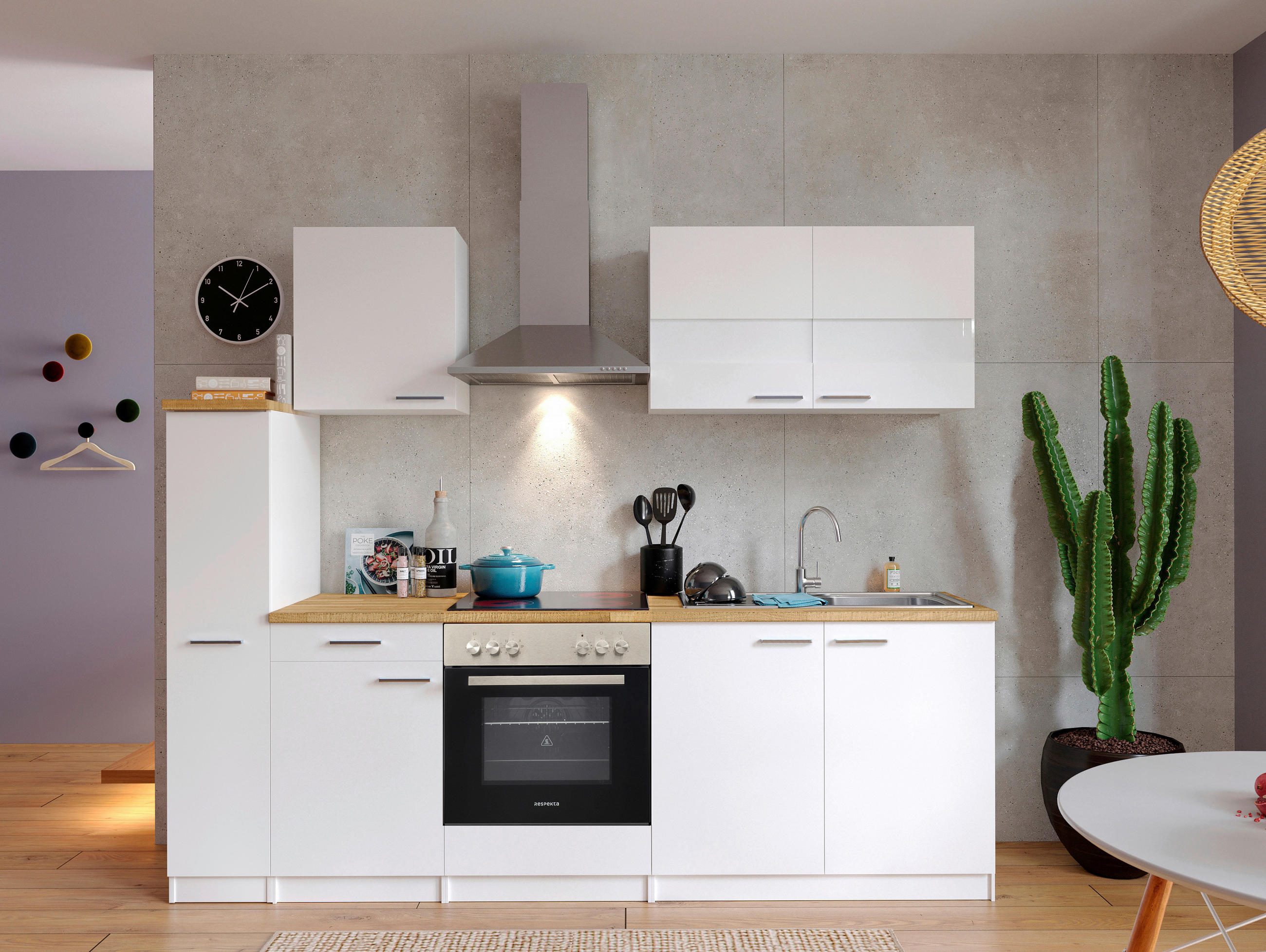 KÜCHENBLOCK 240 cm   in Weiß  - Edelstahlfarben/Nussbaumfarben, Basics, Holzwerkstoff/Metall (240cm) - Respekta