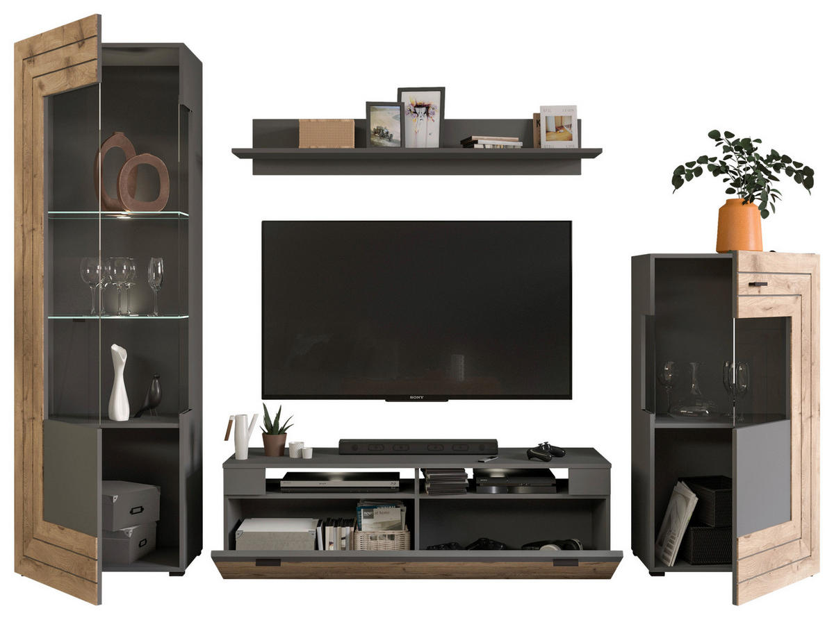 WOHNWAND 4-teilig  in  290/195/40 cm  - KONVENTIONELL, Glas/Holzwerkstoff (290/195/40cm) - MID.YOU