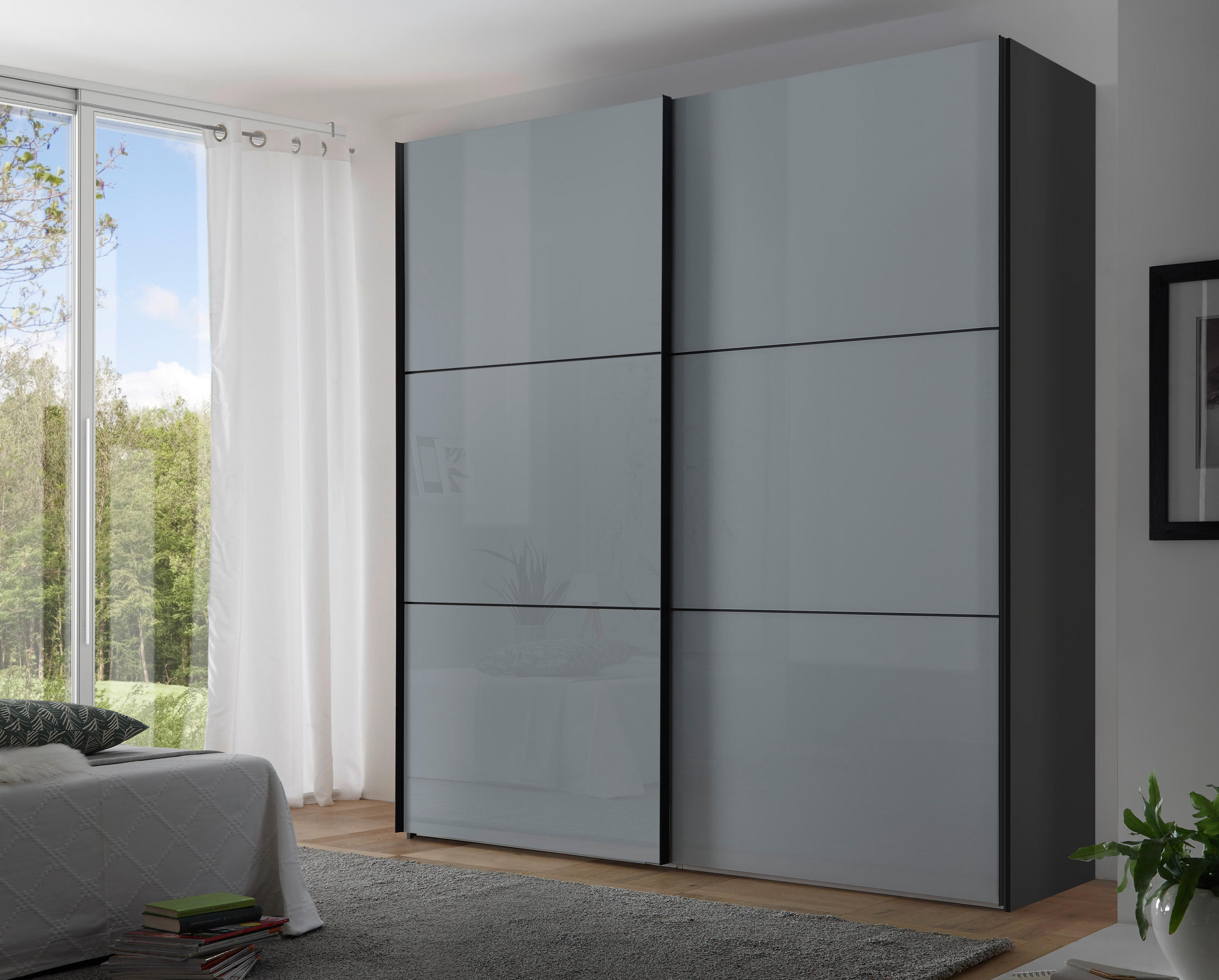 SCHWEBETÜRENSCHRANK Glasfront 2-türig Hellgrau, Dunkelgrau  - Dunkelgrau/Hellgrau, KONVENTIONELL, Glas/Holzwerkstoff (225/222/68cm) - Moderano