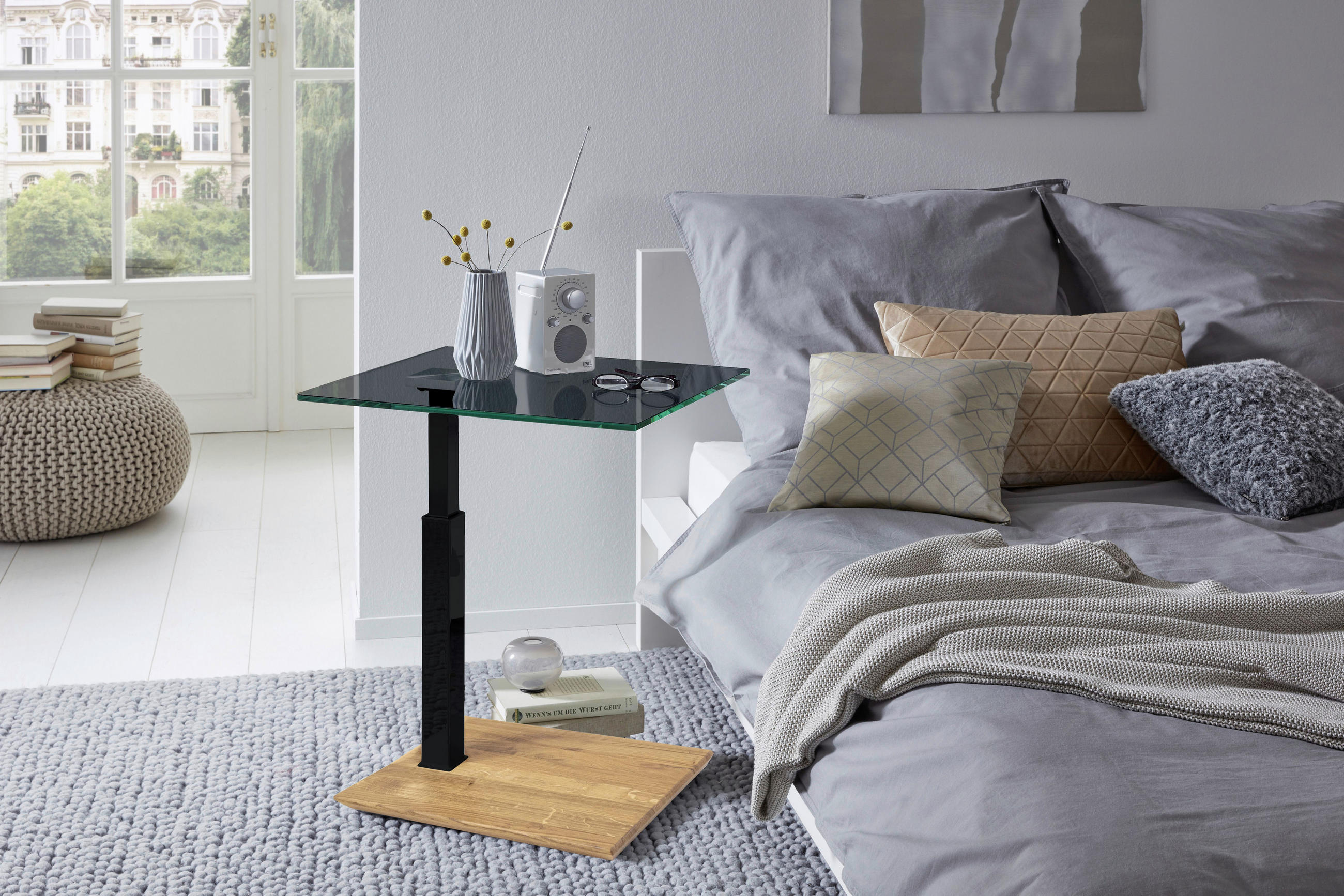 BEISTELLTISCH in Holz, Metall, Glas 55/47/47-65 cm  - Eichefarben/Schwarz, Natur, Glas/Holz (55/47/47-65cm) - Novel