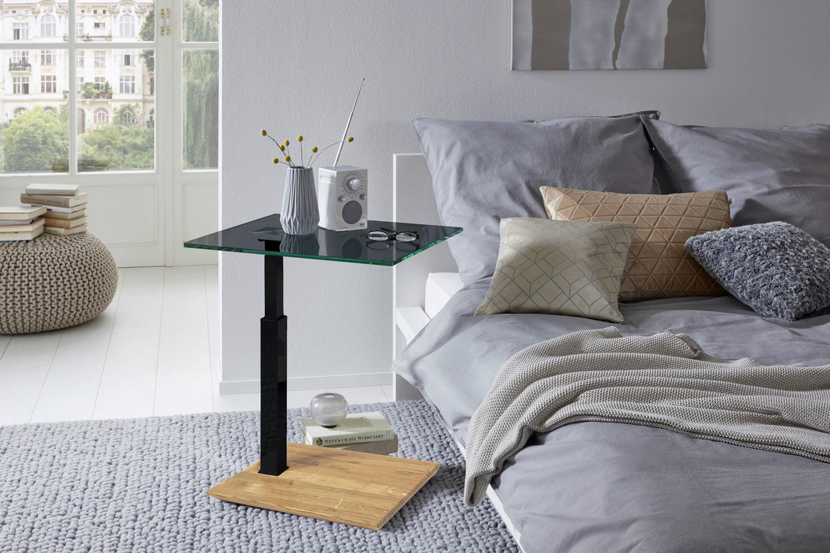 BEISTELLTISCH Holz, Metall, Glas 55/47/47-65 cm  - Eichefarben/Schwarz, Natur, Glas/Holz (55/47/47-65cm) - Novel