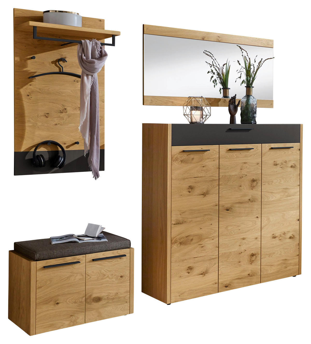 GARDEROBE 5-teilig  in 205/195/41 cm  - Eichefarben/Schwarz, Design, Glas/Holz (205/195/41cm)