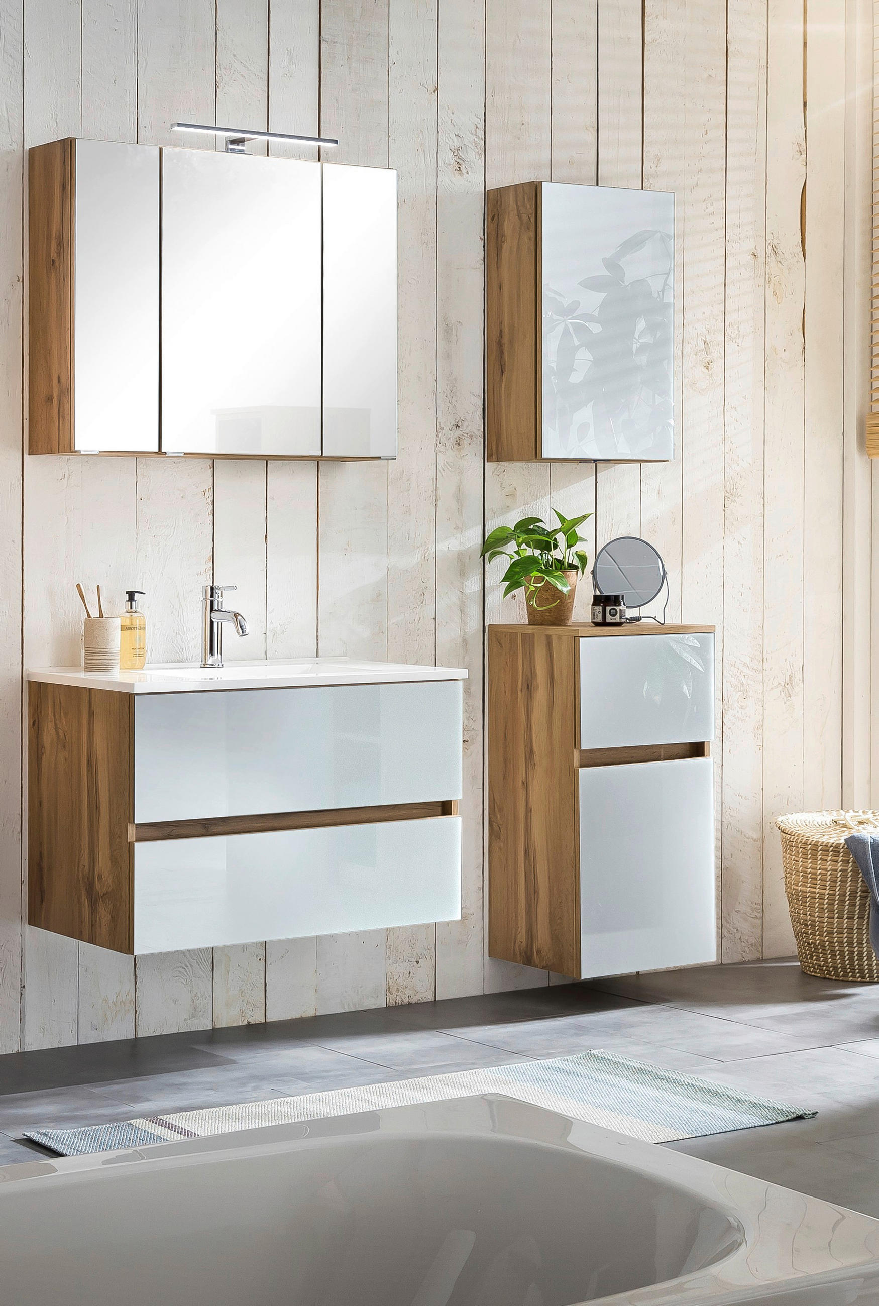 Badmöbel-Set 5-Tlg. inkl. LED Helsinki, Weiß/Eiche