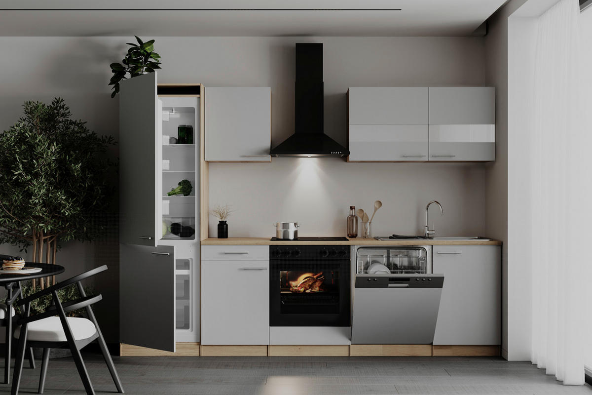 KÜCHENBLOCK 280 cm   in Weiß  - Edelstahlfarben/Eichefarben, Basics, Holzwerkstoff/Metall (280cm) - Respekta