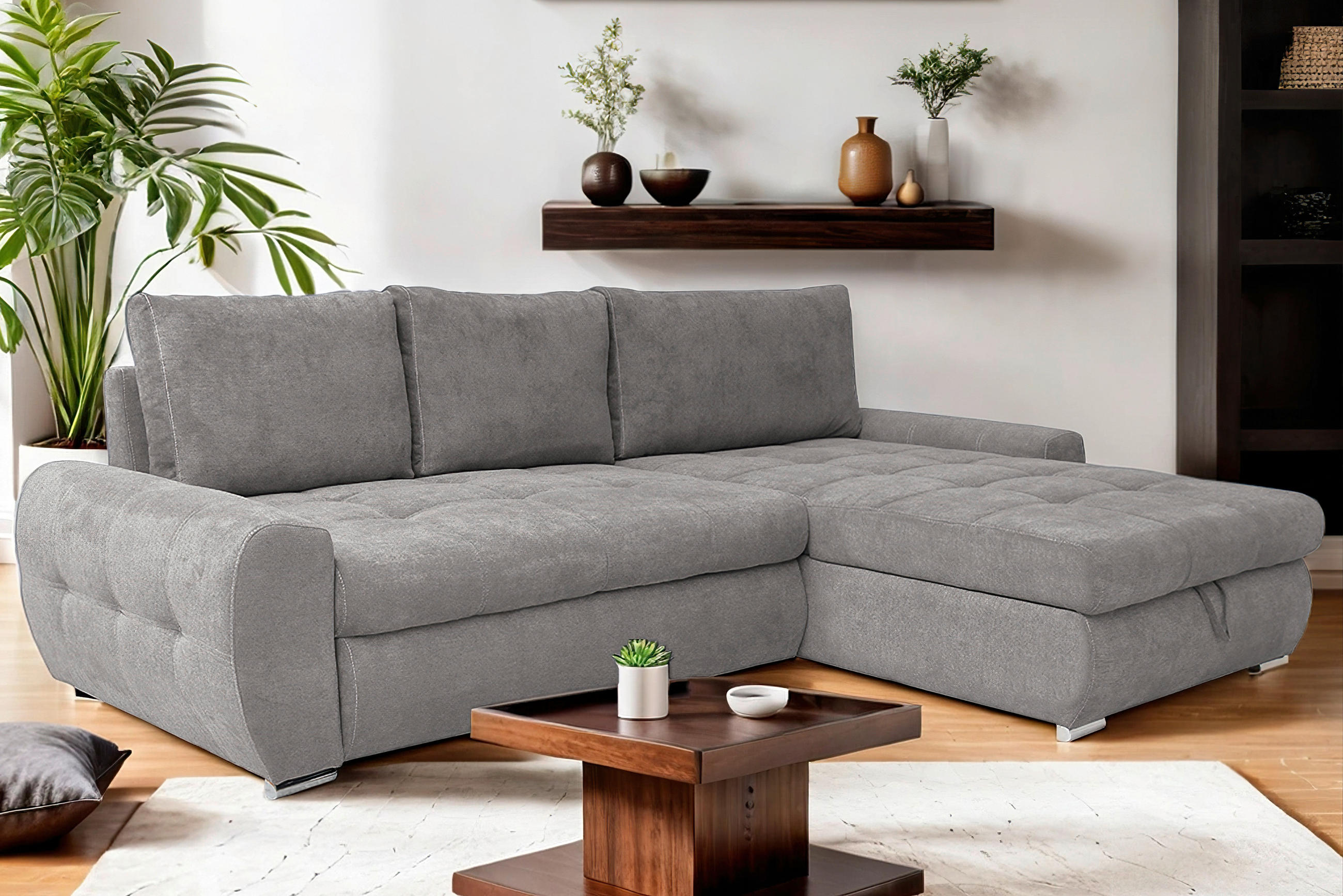 ECKSCHLAFSOFA Velours Fango  - Chromfarben/Fango, Design, Kunststoff/Textil (277/175cm) - Livetastic