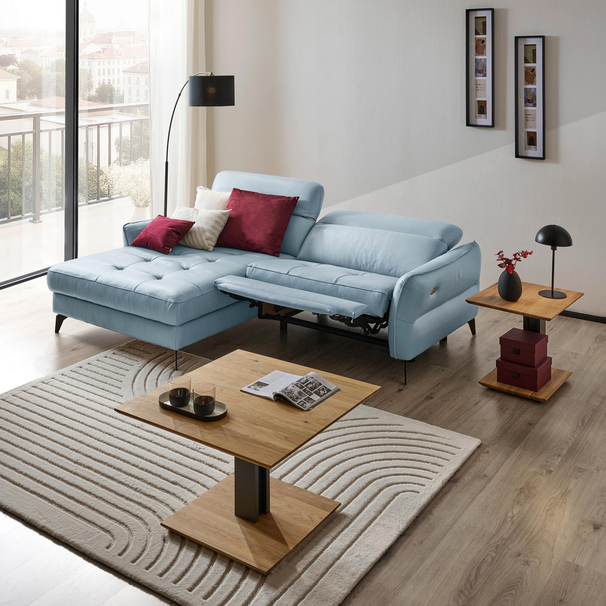 ECKSOFA inkl. Funktionen Blaugrau Echtleder  - Blaugrau/Schwarz, Design, Leder/Metall (175/246cm) - Celina Home