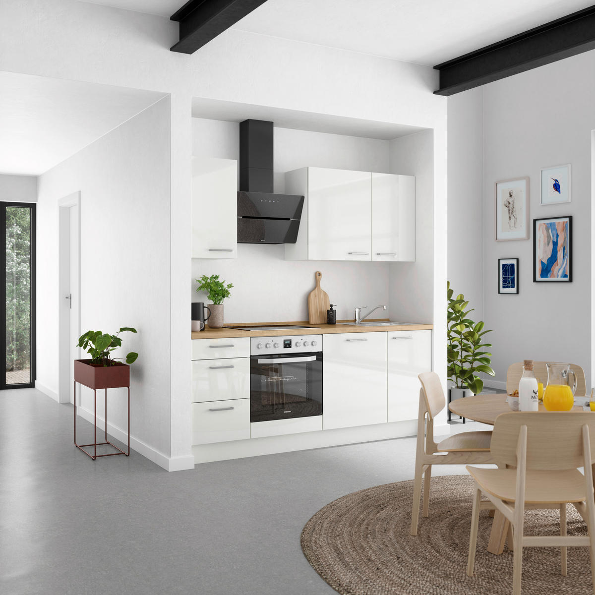 KÜCHENLEERBLOCK 210 cm   in Eichefarben, Weiß Hochglanz  - Edelstahlfarben/Eichefarben, MODERN, Holzwerkstoff/Metall (210cm) - Nobilia