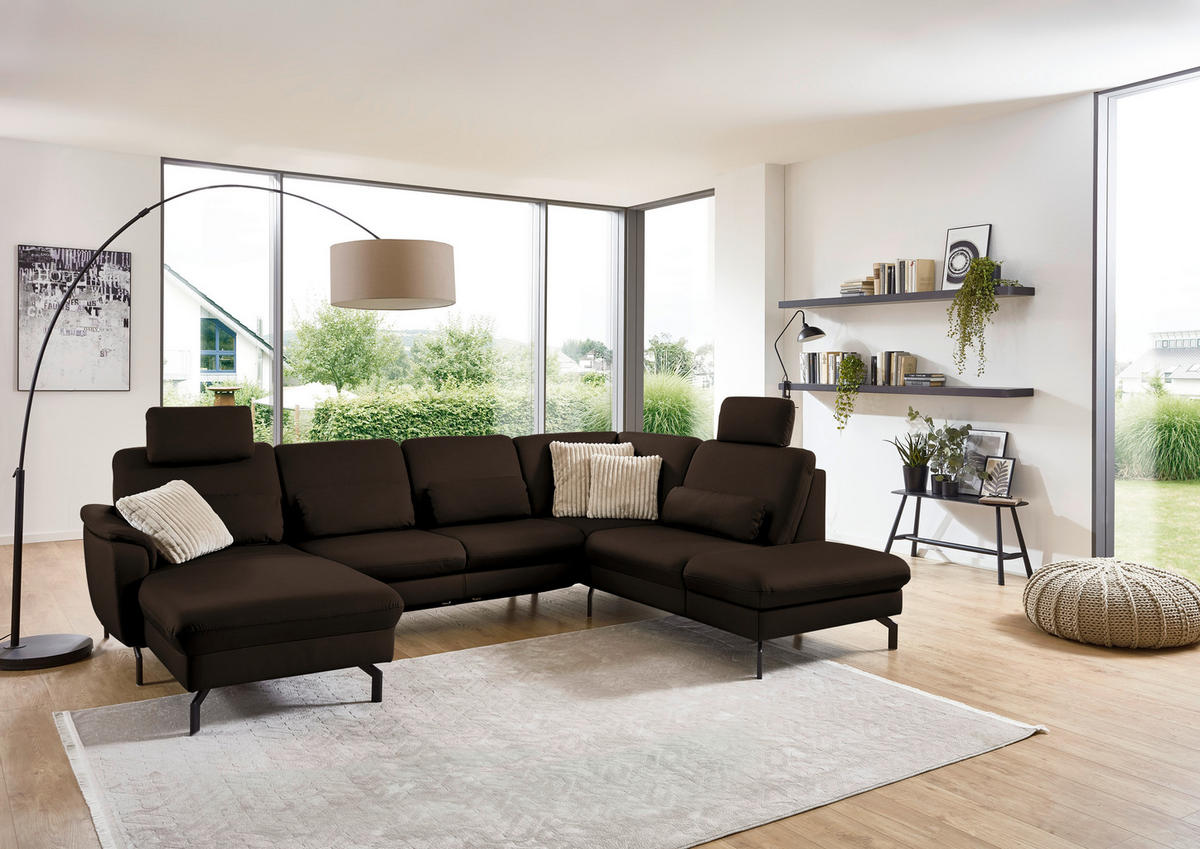 WOHNLANDSCHAFT Echtleder Dunkelbraun  - Dunkelbraun/Schwarz, Konventionell, Leder/Metall (168/306/224cm) - Beldomo Premium