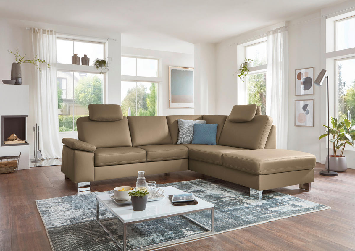 ECKSOFA  in Echtleder Cappuccino  248/235 cm  - Alufarben/Cappuccino, Design, Leder/Metall (248/235cm) - Beldomo Premium