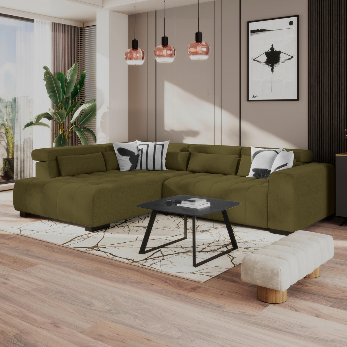 ECKSOFA MATERA Olivgrün Chenille, Struktur Nierenkissen, Kopfteilverstellung, Sitzvorzug  - Schwarz/Olivgrün, Trend, Holz/Textil (226/311cm) - MID.YOU
